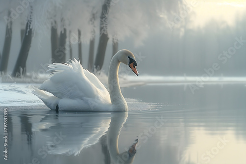 Tranquil Winter  Trumpeter Swan at Dawn  Beautiful Wild Animal
