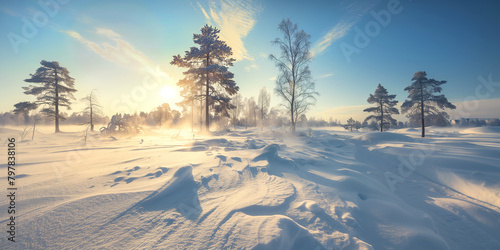 snowy landscape with sunlight shining on snow covered trees