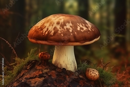 Small mushroom perched majestically atop a weathered tree stump in a mystical forest setting