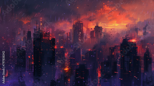 A cityscape with a dark sky and a few buildings