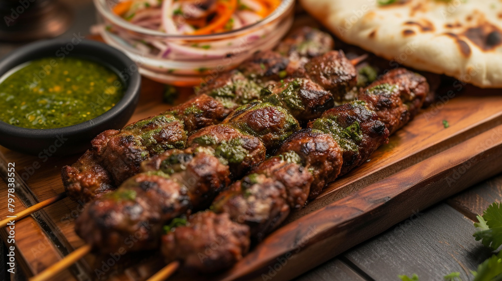 A succulent seekh kebab platter, with juicy and flavorful skewers of minced meat, grilled to perfection, served with mint chutney and naan bread. A succulent seekh kebab platter, with juicy and flavorful skewers of minced meat, grilled to perfection, served with mint chutney and naan bread.