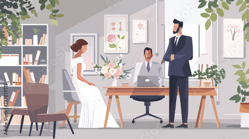 Male wedding planner working with couple in office vector