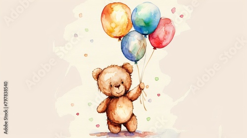 Adorable watercolor illustration of a teddy bear holding a bunch of colorful balloons. © Suleyman