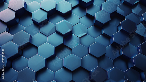 A blue background with a pattern of hexagons. The hexagons are all different sizes and are arranged in a way that creates a sense of depth and texture. Scene is one of modernity and sophistication