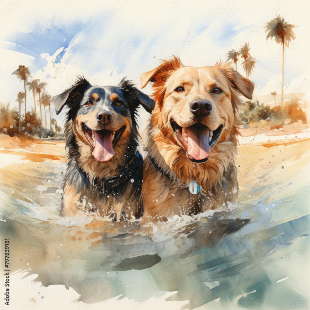 Watercolor Surfing Dogs Illustration, Generative Ai