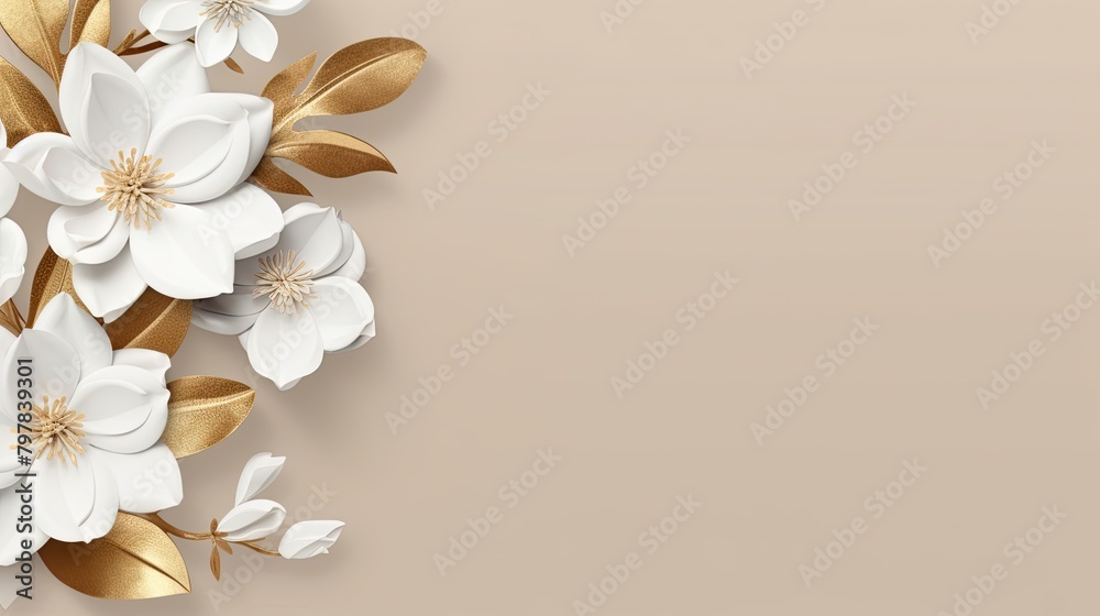 Elegant Floral Background with White Flowers and Gold Foil Design
