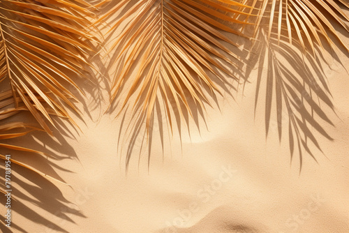 dry palm leaves border pattern on a sand, flat lay, sunny, close up, copy space photo