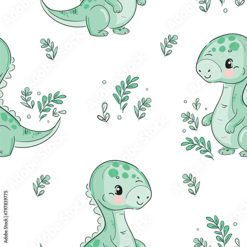 ?ute little Dinosaur seamless pattern hand drawn summer print for kids fabric Vector Illustration