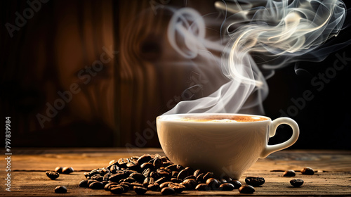 A cup of hot coffee with smoke on top, beside the coffee there are coffee beans