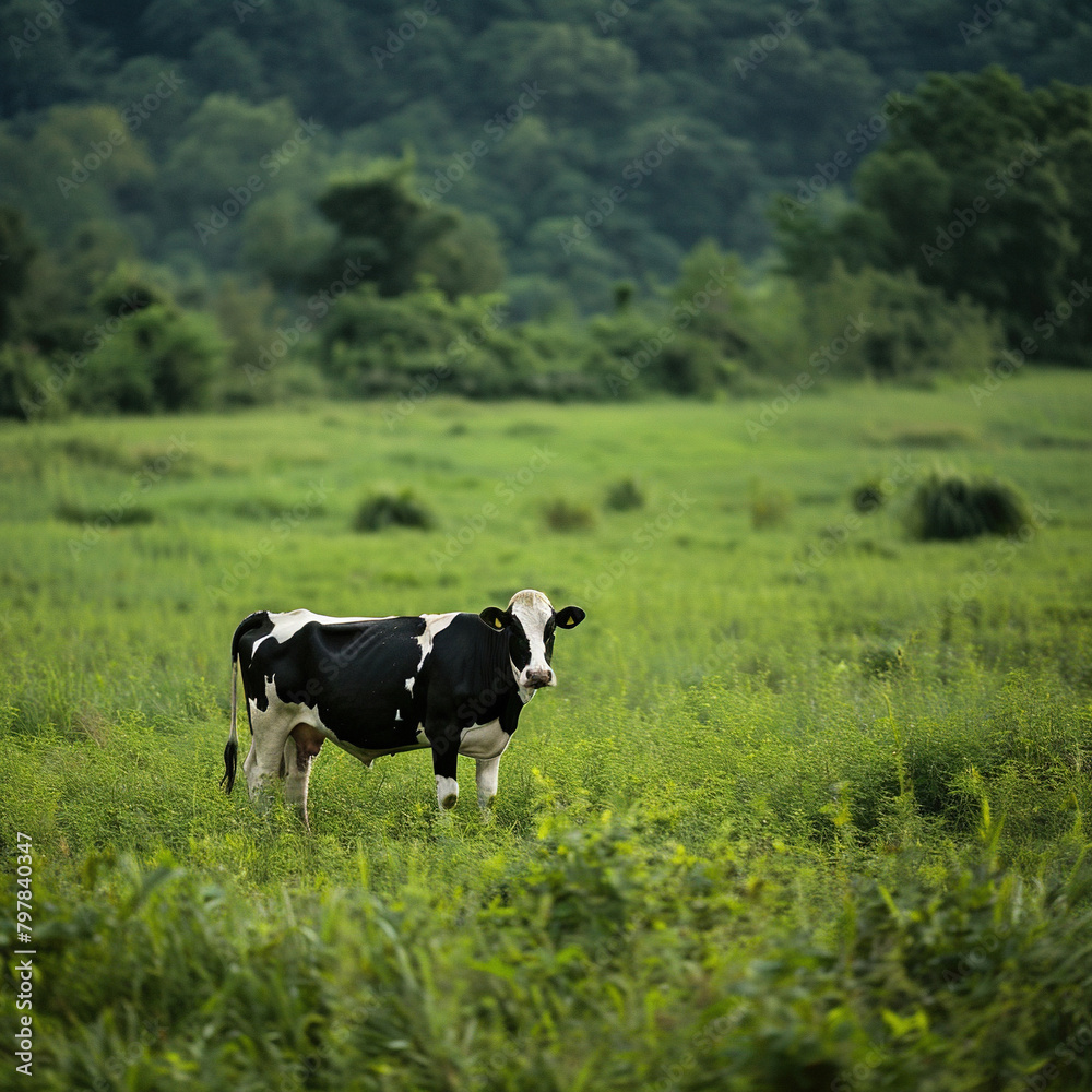 Cow standing in green field