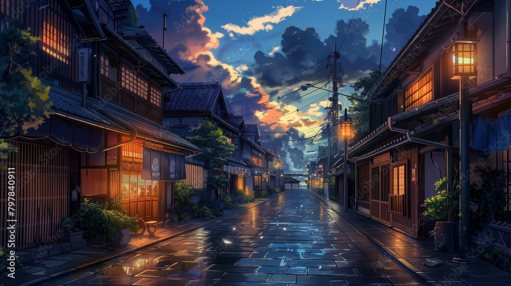Japanese street in the evening sky in the anime art style. Old wooden building. Lanterns hanging from them on a cobblestone road. Traditional atmosphere. Asian architecture. 169 4k resolution. Ai