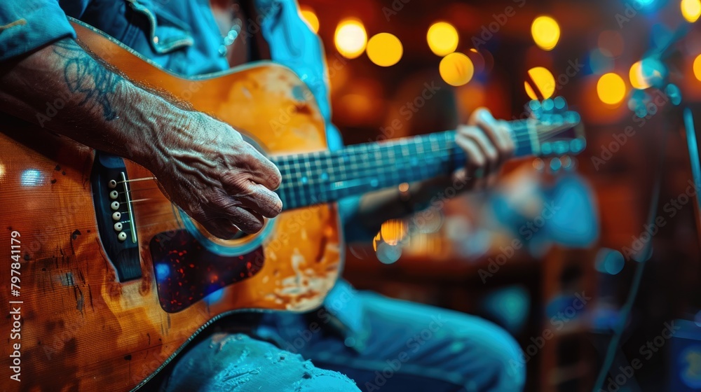 Obraz premium The man in the bar plays the guitar, with a close-up of his fingers.