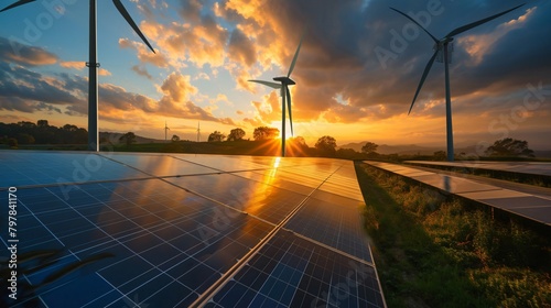 Renewable Energy Farm at Sunset
