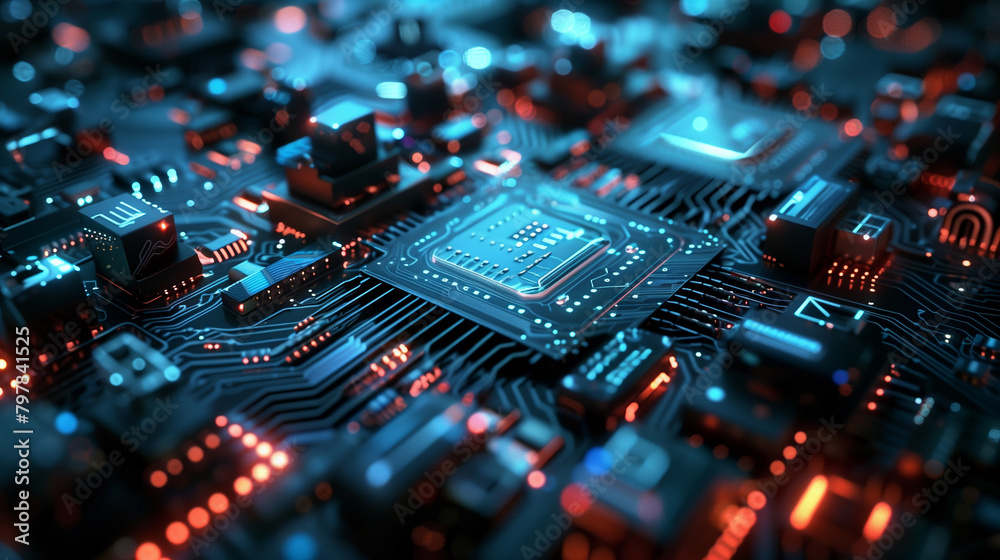 A close up of a computer chip with many small lights on it. Concept of complexity and intricacy, as well as the advanced technology that goes into creating such a device A close up of a computer chip with many small lights on it. Concept of complexity and intricacy, as well as the advanced technology that goes into creating such a device