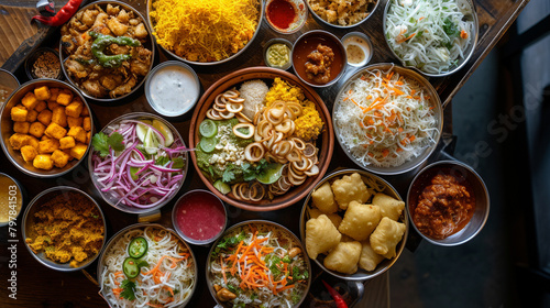 A tray of chaat with various snacks, such as samosas, pakoras, bhel puri, and dahi puri, served with yogurt, tamarind, and mint chutneys, and sprinkled with sev and chaat masala. photo