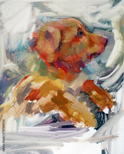 Dipinto artistico moderno o contemporaneo, ritratto di cucciolo di cane di golden retriever o labrador di profilo con occhi emozionati in colori vivaci e accesi photo