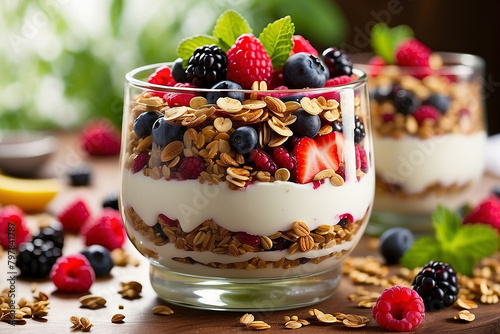 A decadent fruit parfait layered with colorful berries, creamy yogurt, and crunchy granola, garnished with fresh mint leaves.