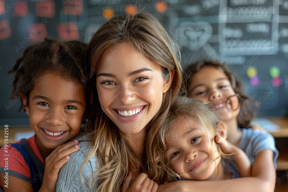 Beautiful smiling woman with a happy expression surrounded by children in a colorful classroom, depicting joy and learning Beautiful smiling woman with a happy expression surrounded by children in a colorful classroom, depicting joy and learning