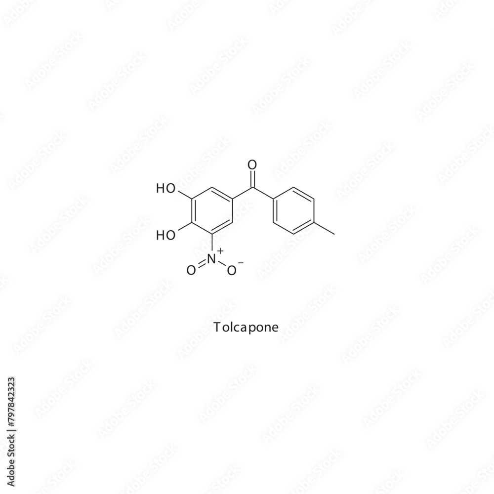 Tolcapone flat skeletal molecular structure COMT inhibitor drug used in Parkinson's disease treatment. Vector illustration scientific diagram.