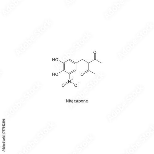 Nitecapone  flat skeletal molecular structure COMT inhibitor drug used in Parkinson's disease treatment. Vector illustration scientific diagram.