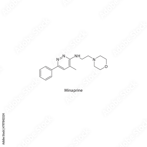 Minaprine  flat skeletal molecular structure MAO A inhibitor drug used in depression treatment. Vector illustration scientific diagram.
