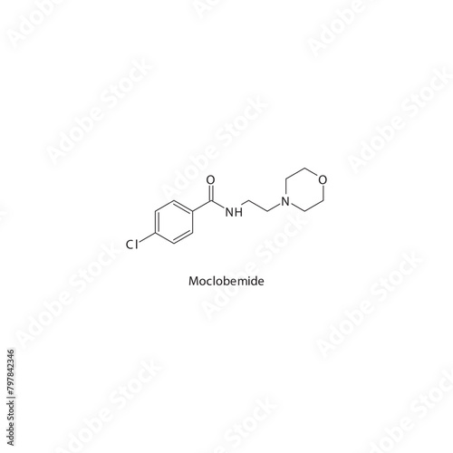 Moclobemide flat skeletal molecular structure MAO A inhibitor drug used in depression treatment. Vector illustration scientific diagram.
