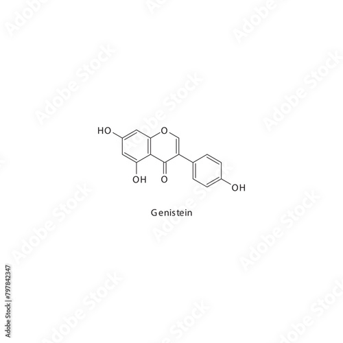 Genistein  flat skeletal molecular structure AAAD inhibitor drug used in Parkinson's disease treatment. Vector illustration scientific diagram.