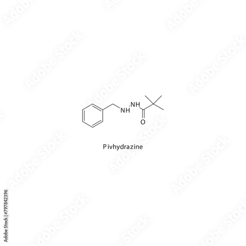 Pivhydrazine  flat skeletal molecular structure MAO inhibitor drug used in depression treatment. Vector illustration scientific diagram.