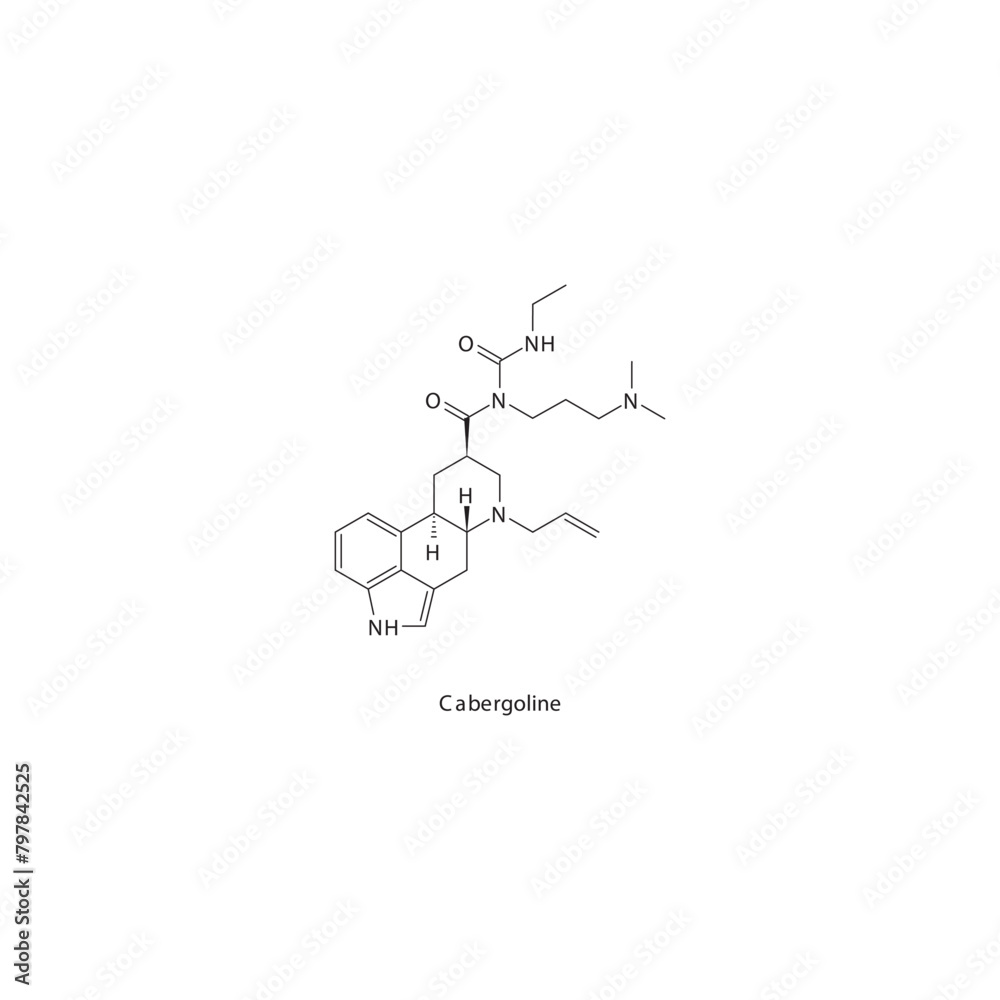 Cabergoline flat skeletal molecular structure Dopamine agonist - ergoline drug used in Parkinson's disease, Hyperprolactinaemia treatment. Vector illustration scientific diagram. Cabergoline flat skeletal molecular structure Dopamine agonist - ergoline drug used in Parkinson's disease, Hyperprolactinaemia treatment. Vector illustration scientific diagram.