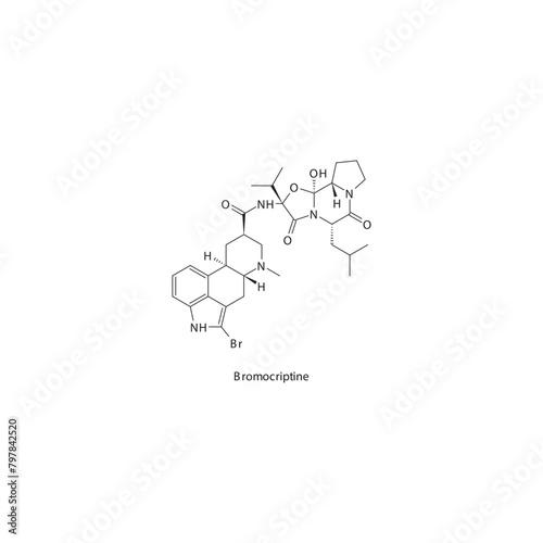 Bromocriptine flat skeletal molecular structure Dopamine agonist - ergoline drug used in Parkinson's disease treatment. Vector illustration scientific diagram. photo