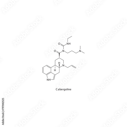 Cabergoline flat skeletal molecular structure Dopamine agonist - ergoline drug used in Parkinson's disease, Hyperprolactinaemia treatment. Vector illustration scientific diagram.