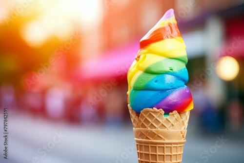 colorful rainbow ice cream in a cone in pride flag colors on a colorful bokeh background