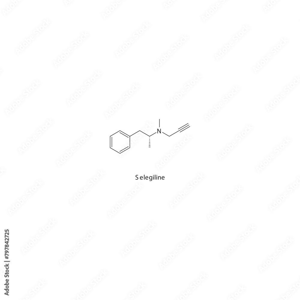 Selegiline flat skeletal molecular structure MAO B inhibitor drug used in Parkinson's disease treatment. Vector illustration scientific diagram. Selegiline flat skeletal molecular structure MAO B inhibitor drug used in Parkinson's disease treatment. Vector illustration scientific diagram.