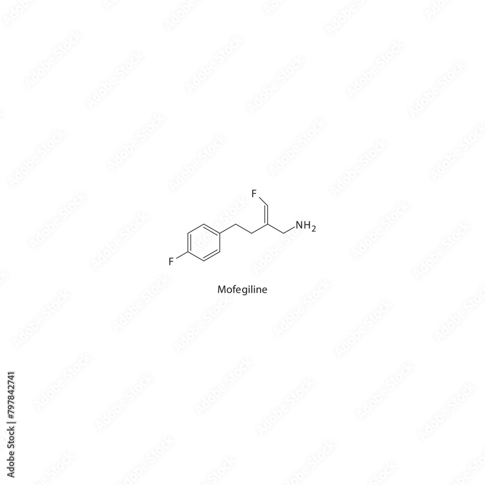 Mofegiline  flat skeletal molecular structure MAO B inhibitor drug used in Parkinson's disease treatment. Vector illustration scientific diagram.