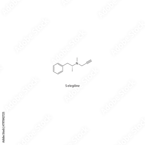 Selegiline flat skeletal molecular structure MAO B inhibitor drug used in Parkinson's disease treatment. Vector illustration scientific diagram.
