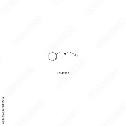 Pargyline  flat skeletal molecular structure MAO B inhibitor drug used in Parkinson's disease treatment. Vector illustration scientific diagram.