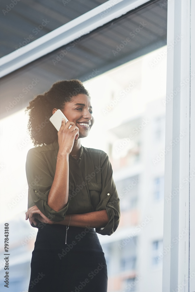 Phone call, window and business black woman for conversation, online contact and talking. Corporate consultant, office and happy worker on smartphone for communication, b2b networking and connection Phone call, window and business black woman for conversation, online contact and talking. Corporate consultant, office and happy worker on smartphone for communication, b2b networking and connection