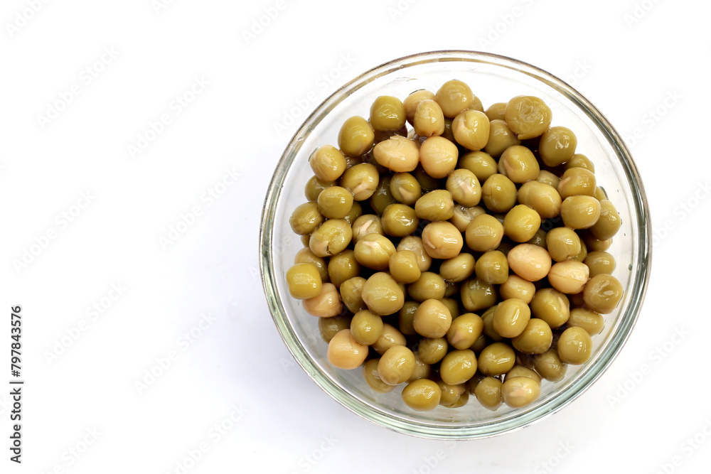 Canned green peas on white background.