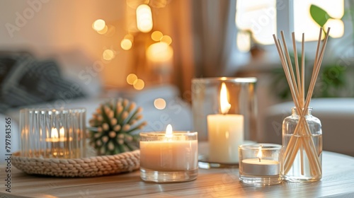 aromatherapy - aroma reed diffuser, burning candle, and perfume on a table in a modern living room at home