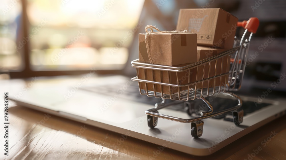 photo of online shopping with cardboard boxes on a trolley shopping basket with a laptop keyboard in the background photo of online shopping with cardboard boxes on a trolley shopping basket with a laptop keyboard in the background