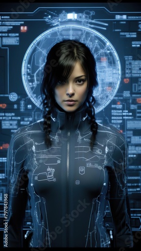 A young woman standing in front of a futuristic control panel photo