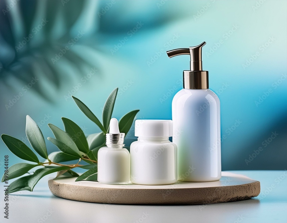 A white pump bottle, dropper bottle and a short bottle on a wooden plaque. Unbranded. Leaves A white pump bottle, dropper bottle and a short bottle on a wooden plaque. Unbranded. Leaves