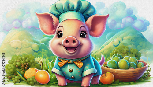 oil painting staye CARTOON CHARACTER CUTE BABY Caucasian baby pig with smile dressed as a chef in the kitchen 