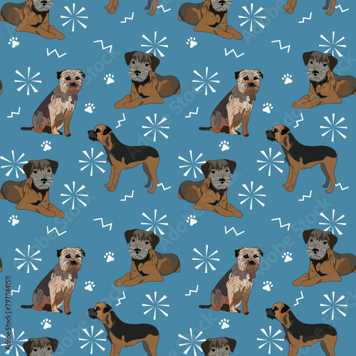 Happy Christmas seamless pattern with border terrier dogs. Birthday present for dog fans. Square tile, background art with pets. Funny dog mascot, a repeatable image. Present wrapping, professional.