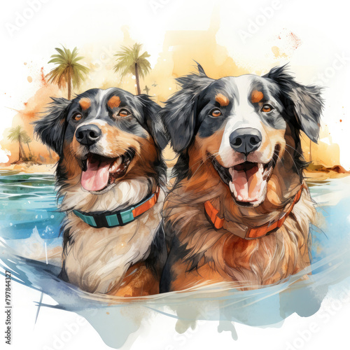 Watercolor Surfing Dogs Illustration  Generative Ai