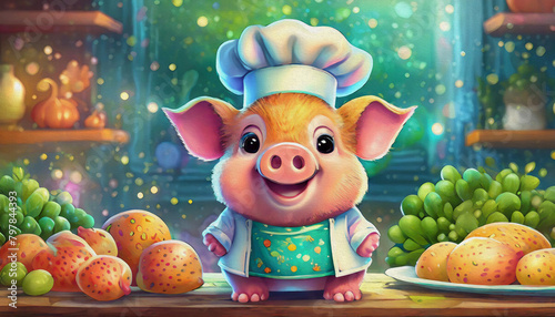 oil painting staye CARTOON CHARACTER CUTE BABY Caucasian baby pig with smile dressed as a chef in the kitchen, photo