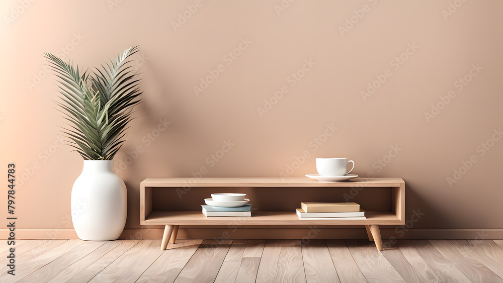 A white coffee table with a vase of green leaves on top of it A white coffee table with a vase of green leaves on top of it