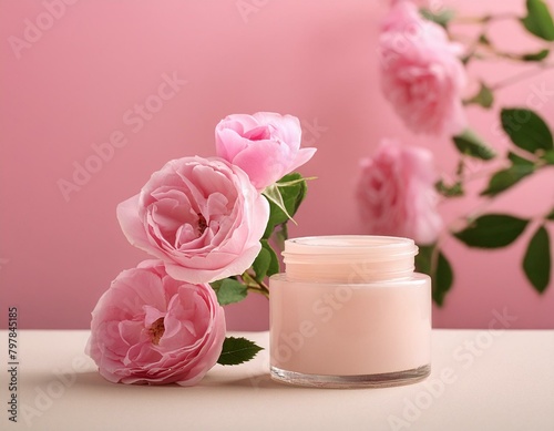 Pink cream in a glass container with pink flowers on the surface. Unbranded.