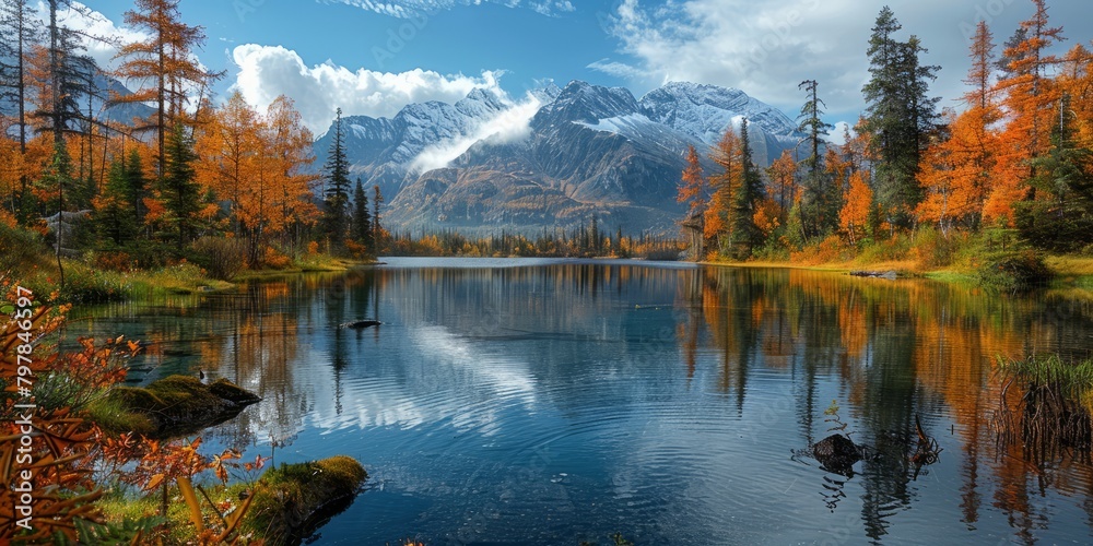 Fototapeta premium Autumn landscape of forest in Alaska in the morning