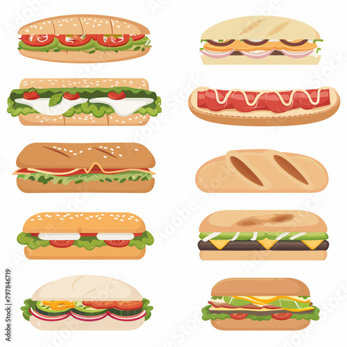 Set of fast food hamburgers and sandwiches. Vector illustration.